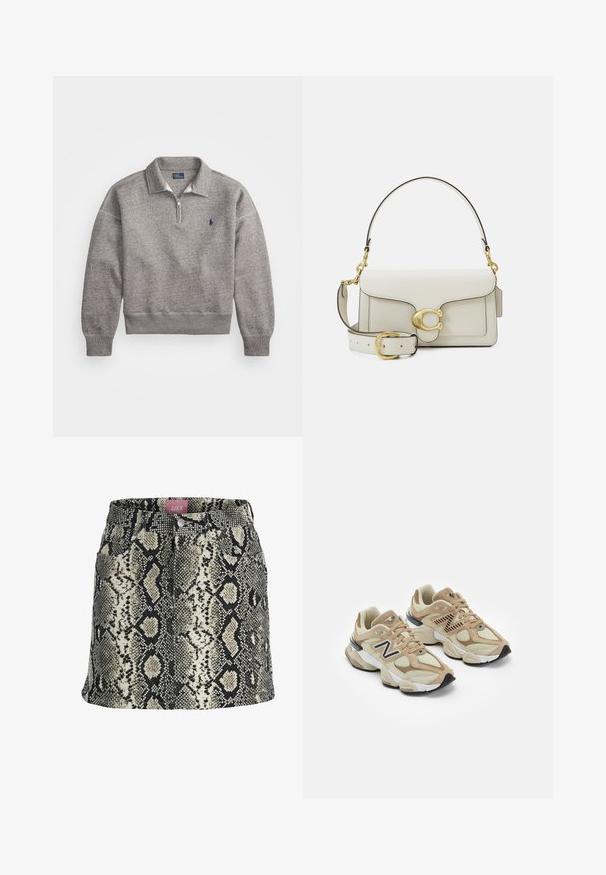 Harmaa collegepaita, jossa on puolivetoketju kauluksessa, ribbireunat hihansuissa ja pieni brodeerattu logo rinnassa. Pehmeä puuvillasekoitekangas.; Pitkähiha valkoinen puuvillasointi, jossa on nappislåni etupuolella, klassinen kaulus ja pyöristetyt helmati, rento istuvuus ja ilman kuvioita.; Yhdistelemä kuosi beige ja musta käärmeennahka-aines suora hame, jossa on nappilukko, vyölenkit ja neljä toimivaa taskua.; Beige lenkkarit, joissa on verkko- ja mokkanahkamateriaaleja. Varustettu mustalla logolla ja teksturoiduilla yksityiskohdilla. Paksu valkoinen välikeen ja musta kumipohja.; Valkoinen nahkalaukku kultaisilla metalliosilla, jossa on läppäkiinnitys ja irrotettava, säädettävä hihna. Keskellä pyöreä metallikoriste.