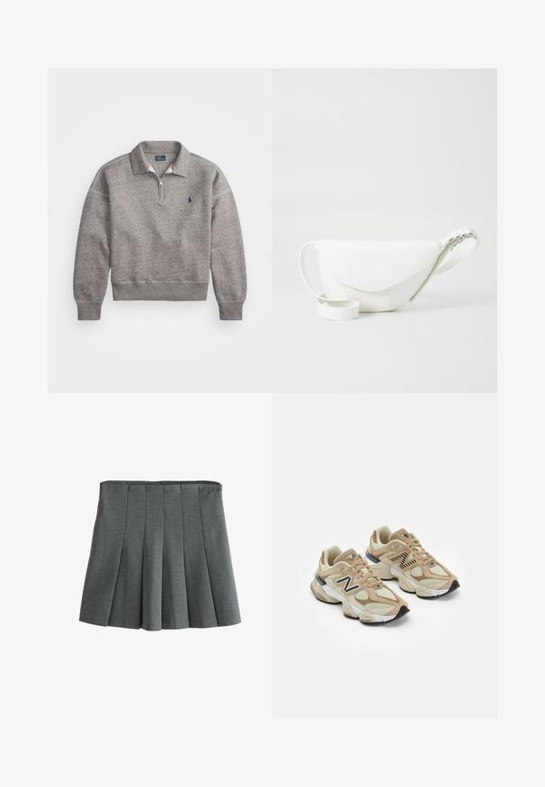 Siva mikica z zadrgo do polovice, rebrastimi manžetami in majhnim vezenim logotipom na prsih. Mehka mešanica bombaža.; Bela srajca z dolgimi rokavi iz bombaža z gumbi na sprednji strani, klasičnim ovratnikom in zaobljenim robom, ki ponuja sproščen kroj in brez vzorcev.; Siva plisirana krila, izdelana iz mehkega, teksturiranega materiala. Ima prilegajoč pas in plastne plisirane zloženke za gibanje.; Bež teniske z mrežastim in semiš materialom. Imajo črn logo in teksturirane detajle. Debela bela srednja podloga in črn gumijast podplat.; Bela usnjena torbica za okoli pasu s ukrivljeno zasnovo, zapiralo na preklop in nastavljivim trakom z okrasnim kovinskim detajlom. Gladka tekstura.