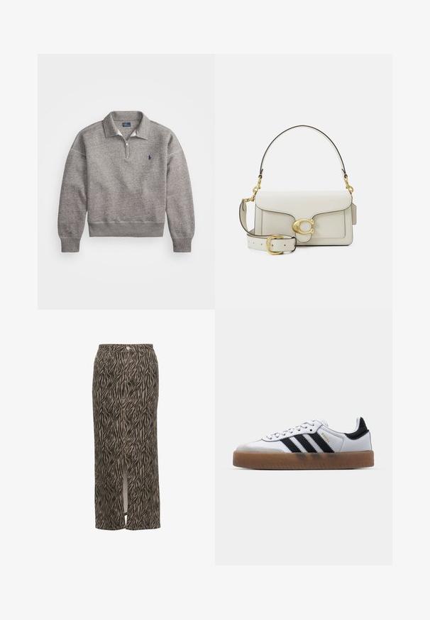 Hanorac gri cu guler cu fermoar pe jumătate, manșete cu nervuri și un mic logo brodat pe piept. Material moale din bumbac.; Cămașă albă cu mânecă lungă, din bumbac, cu nasturi la față, guler clasic și tiv rotunjit, având o croială lejeră și fără motive.; Kaffe LEONDRA - Fustă maxi - feather gray black animal; Adidași din piele albă cu dungi negre, talpă din cauciuc, vârf rotund, sistem de închidere cu șireturi și capac de vârf din nubuc gri moale.; Geantă de mână din piele albă cu un sistem de închidere din metal auriu, accente negre, curea de umăr detașabilă și un design structurat cu închidere tip clapetă.