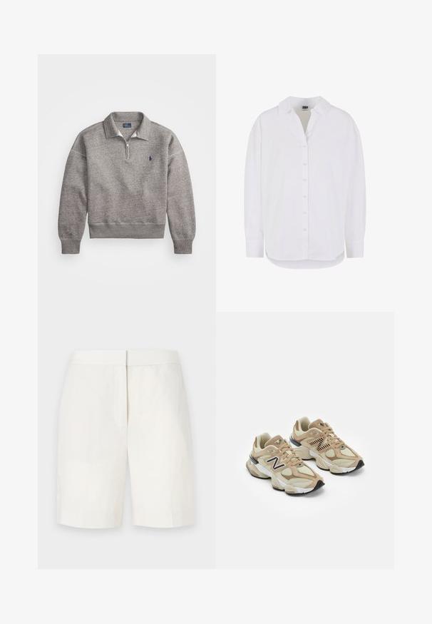 Siva mikica z zadrgo do polovice, rebrastimi manžetami in majhnim vezenim logotipom na prsih. Mehka mešanica bombaža.; Bela srajca z dolgimi rokavi iz bombaža z gumbi na sprednji strani, klasičnim ovratnikom in zaobljenim robom, ki ponuja sproščen kroj in brez vzorcev.; Beli bombažni kratki hlače s ravnim krojem, ravnim sprednjim delom in subtilno teksturo. Imajo pas in brez vidnih žepov. Preprost dizajn.; Bež teniske z mrežastim in semiš materialom. Imajo črn logo in teksturirane detajle. Debela bela srednja podloga in črn gumijast podplat.