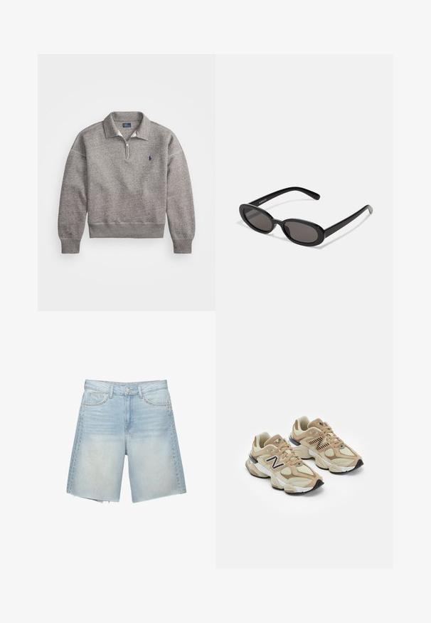 Harmaa collegepaita, jossa on puolivetoketju kauluksessa, ribbireunat hihansuissa ja pieni brodeerattu logo rinnassa. Pehmeä puuvillasekoitekangas.; Pitkähiha valkoinen puuvillasointi, jossa on nappislåni etupuolella, klassinen kaulus ja pyöristetyt helmati, rento istuvuus ja ilman kuvioita.; Vaaleansiniset farkkushortsit suoralla leikkauksella, joissa on niittikoristeet sivusaumojen varrella ja hapsutettu helma. Kaksi etutaskua näkyvissä.; Beige lenkkarit, joissa on verkko- ja mokkanahkamateriaaleja. Varustettu mustalla logolla ja teksturoiduilla yksityiskohdilla. Paksu valkoinen välikeen ja musta kumipohja.; Even&Odd Aurinkolasit - black; Valkoinen nahkalaukku kultaisilla metalliosilla, jossa on läppäkiinnitys ja irrotettava, säädettävä hihna. Keskellä pyöreä metallikoriste.