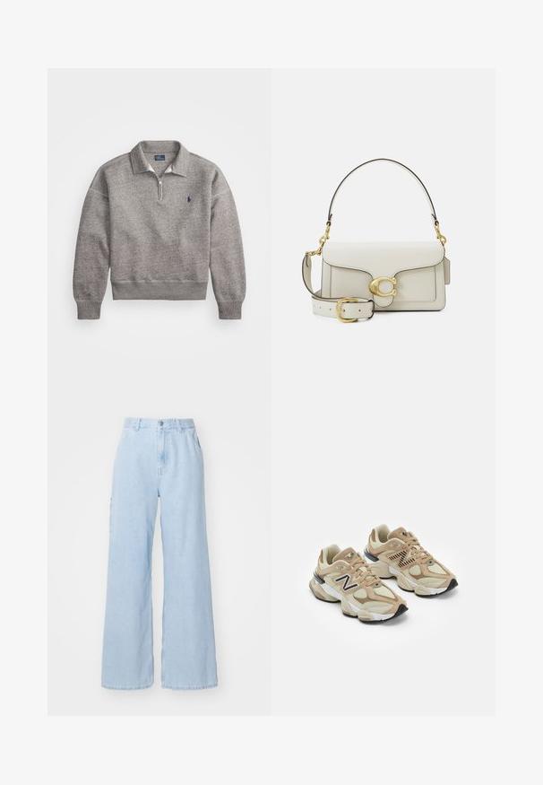 Szürke pulóver félcipzárral, bordázott mandzsettákkal és egy kicsi hímzett logóval a mellrészen. Puha pamutkeverék anyag.; Hosszú ujjú, pamut fehér ing, gombos elejű, klasszikus gallérral és lekerekített aljjal, lazább fitettel és minta nélküli dizájnnal.; Világoskék, laza szabású farmernadrág, elülső zsebekkel, övhurkokkal és gombos záródással. Simább textúra és letisztult kivitel.; Beige sportcipők hálós és bőrszövet anyagból. Fekete logóval és texturált részletekkel rendelkezik. Vastag fehér középtalpa és fekete gumi talpa van.; Fehér bőr kézitáska arany színű fémalkatrészekkel, fedéllel záródik, levehető, állítható pánttal. Középen lekerekített fém díszítés.