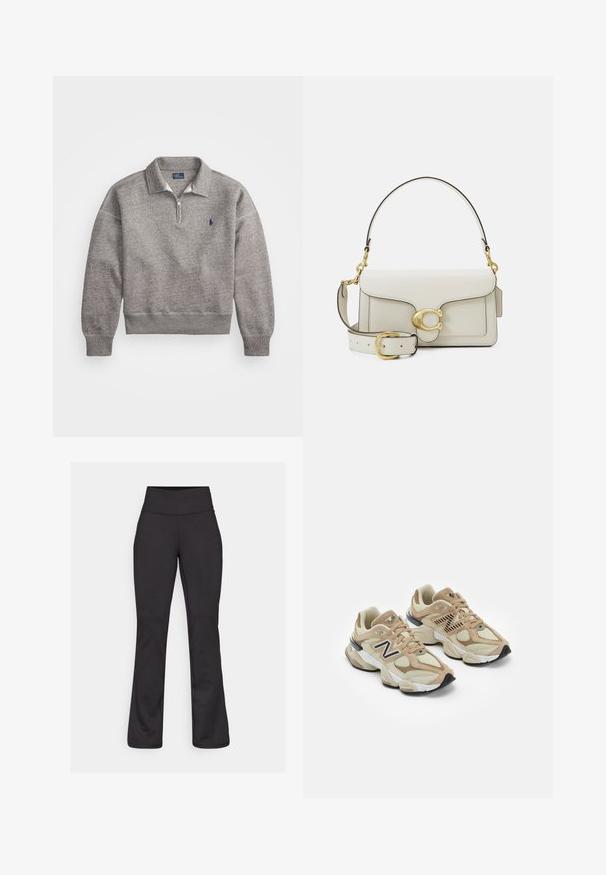 Pelēks džemperis ar pusi rāvējslēdzēju, ribotām piedurknēm un mazu izšūtu logotipu uz krūtīm. Mīksta kokvilnas maisījuma audums.; Garā piedurkņu balta krekls, kas izgatavots no kokvilnas, ar pogājamu priekšpusi, klasisku apkakli un noapaļotu apakšmalu, ar brīvu piegriezumu un bez rakstiem.; Melni flared jogas bikses, kas izgatavotas no elastīga materiāla. Augsts jostasviets, gluda tekstūra un nav redzamu rakstu vai detaļu.; Beigās sporta kedas ar acu un zamša materiāliem. Iekļauj melnu logotipu un teksturētus akcentus. Resna balta starppēda un melna gumijas zole.; Balta ādas roku soma ar zelta toņu sprādzi, melniem akcentiem, atvienojamu plecu siksnu un strukturētu dizainu ar atloku aizdari.