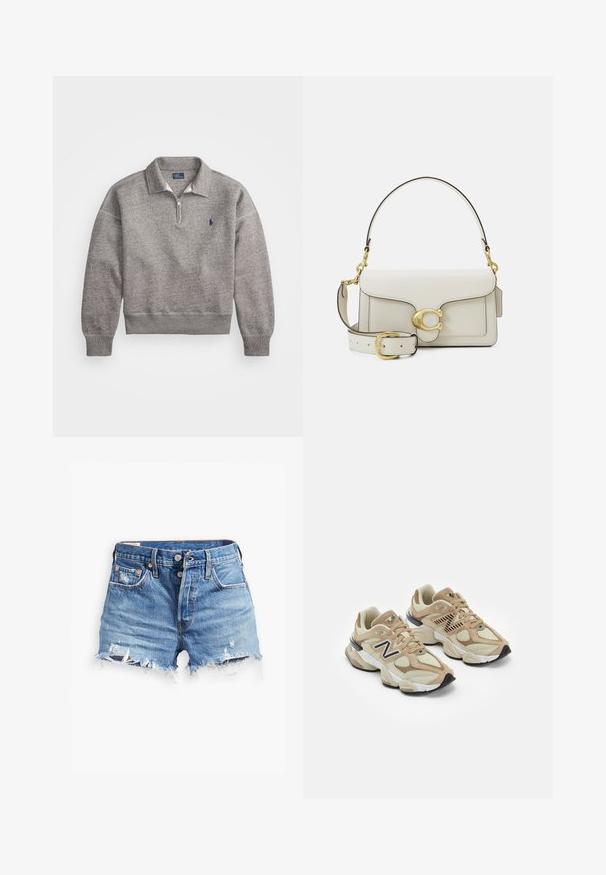 Szürke pulóver félcipzárral, bordázott mandzsettákkal és egy kicsi hímzett logóval a mellrészen. Puha pamutkeverék anyag.; Hosszú ujjú, pamut fehér ing, gombos elejű, klasszikus gallérral és lekerekített aljjal, lazább fitettel és minta nélküli dizájnnal.; Világoskék farmer sort, rojtos szegéllyel, magas derékkal, gombos záródással és két elülső zsebből; a kopott hatás textúrát ad.; Beige sportcipők hálós és bőrszövet anyagból. Fekete logóval és texturált részletekkel rendelkezik. Vastag fehér középtalpa és fekete gumi talpa van.; Fehér bőr kézitáska arany színű fémalkatrészekkel, fedéllel záródik, levehető, állítható pánttal. Középen lekerekített fém díszítés.