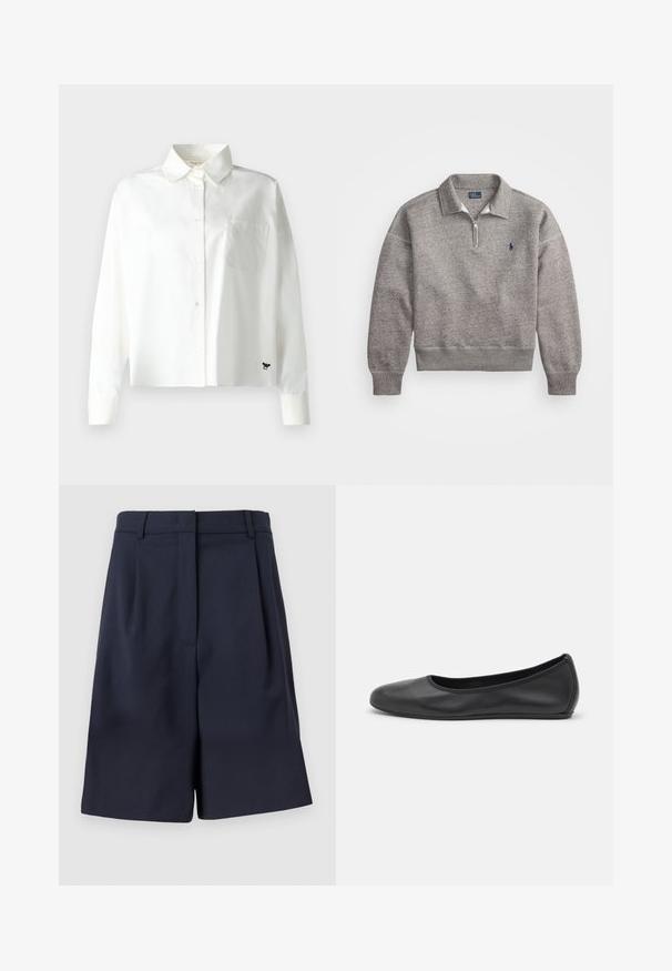 Gray sweatshirt with a half-zip collar, ribbed cuffs, and a small embroidered logo on the chest. Soft cotton-blend fabric.; Weekend Max Mara Button-down blouse - bianco; Navy blue tailored shorts made from a smooth fabric with a high waist, pleats at the front, and side pockets. Clean, structured silhouette.; Black leather ballet flat with a rounded toe, smooth texture, minimal stitching detail, and a flexible sole design.