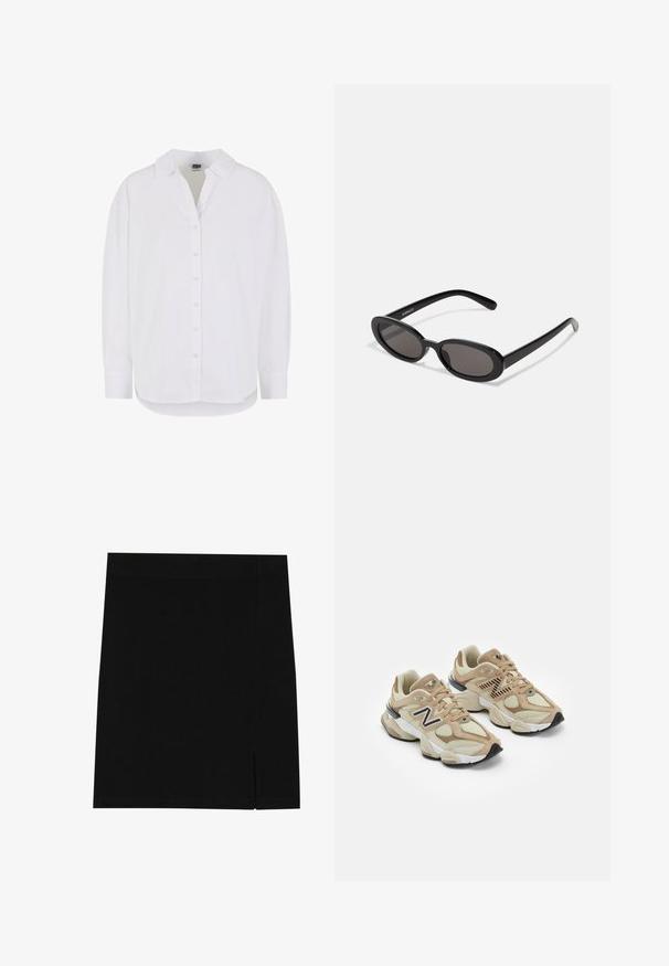 Šedá mikina s polozipem, žebrovanými manžetami a malým vyšitým logem na hrudi. Měkká tkanina z bavlněné směsi.; Bílé tričko s dlouhým rukávem vyrobené z bavlny, s zapínáním na knoflíky vpředu, klasickým límečkem a zaobleným lemem, s volným střihem a bez vzorů.; Černá mini sukně z jemné tkaniny s přiléhavým střihem, která má mírný rozparek na boku pro přidaný detail.; Béžové tenisky vyrobené z materiálů síťoviny a semiše. Obsahují černé logo a texturované prvky. Silná bílá mezipodešev a černá gumová podrážka.; Even&Odd Sluneční brýle - black; Bílá kožená kabelka se zlatým kováním, s klopovým zapínáním a odnímatelným, nastavitelným popruhem. V centru je zaoblený kovový detail.