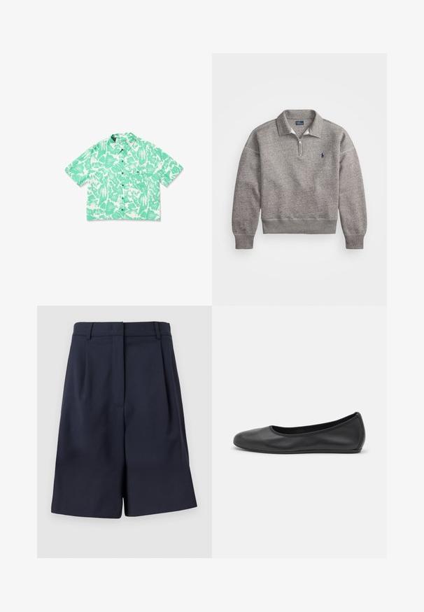 Felpa grigia con colletto a mezza zip, polsini a coste e un piccolo logo ricamato sul petto. Tessuto morbido in misto cotone.; Camicia verde a maniche corte con motivi bianchi astratti, con bottoni sul davanti e taschino sul petto; realizzata in tessuto leggero.; Bermuda blu navy su misura realizzate in un tessuto liscio con vita alta, pieghe frontali e tasche laterali. Silhouette pulita e strutturata.; Pantofole da balletto nere in pelle con punta arrotondata, texture liscia, dettagli di cucitura minimi e design con suola flessibile.