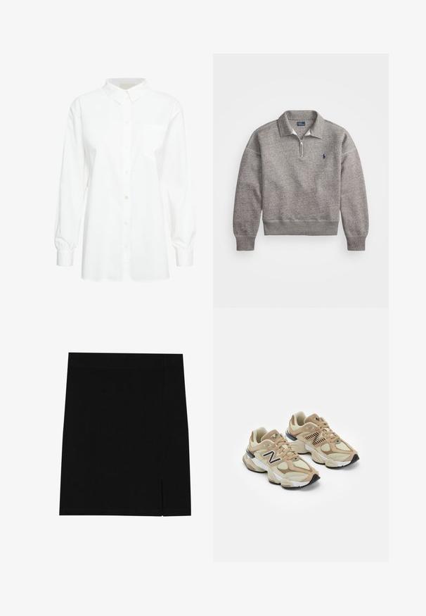 Gray sweatshirt with a half-zip collar, ribbed cuffs, and a small embroidered logo on the chest. Soft cotton-blend fabric.; White long-sleeve button-up shirt made of cotton. Features a classic collar, single chest pocket, and gathered cuffs. Smooth texture.; Black mini skirt made of soft fabric with a fitted design, featuring a slight slit on the side for added detail.; Beige sneakers with mesh and suede materials. Features a black logo and textured accents. Thick white midsole and black rubber outsole.