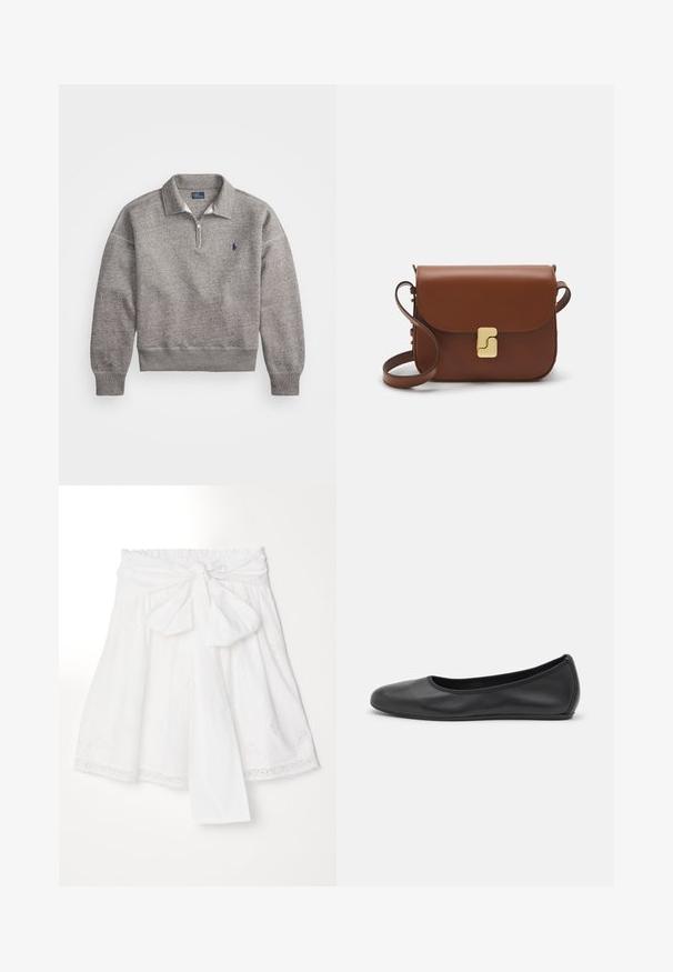 Siva mikica z zadrgo do polovice, rebrastimi manžetami in majhnim vezenim logotipom na prsih. Mehka mešanica bombaža.; Erdem SKIRT WITH GATHERED WASIT - Krilo A-kroja - white; Črne usnjene balerinke z zaobljenim nosom, gladko teksturo, minimalnimi šivi in fleksibilno zasnovo podplata.; Rjava usnjena torbica s poklopcem, zlato obarvani okovi, naramnica in gladka tekstura. Kompaktna pravokotna oblika.