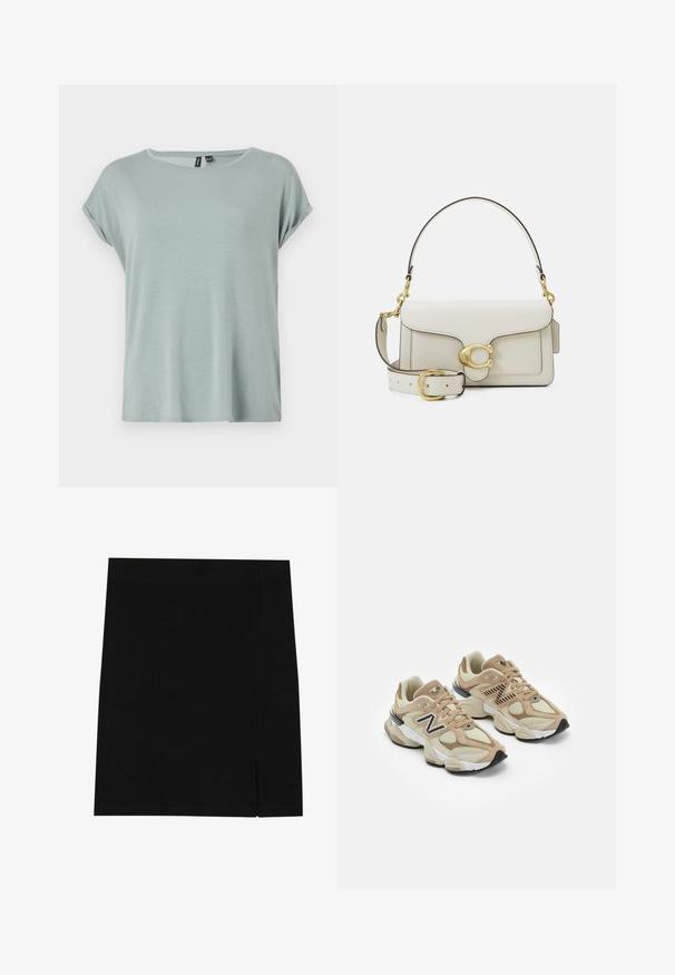 Grauer Sweatshirt mit einem halben Reißverschluss am Kragen, Rippbündchen und einem kleinen gestickten Logo auf der Brust. Weicher Baumwollmischstoff.; Hellgrünes T-Shirt mit lässiger Passform, kurzen aufgerollten Ärmeln und rundem Ausschnitt. Weiche, glatte Textur mit einem etwas lockeren Design.; Schwarzer Minirock aus weichem Stoff mit figurbetontem Design, ausgestattet mit einem leichten Schlitz an der Seite für zusätzlichen Details.; Beige Sneaker aus Mesh- und Wildledermaterialien. Mit einem schwarzen Logo und strukturierten Akzenten. Dicke weiße Zwischensohle und schwarze Gummisohle.; Weiße Lederhandtasche mit goldfarbenen Beschlägen, ausgestattet mit einer Klappenverschluss und einem abnehmbaren, verstellbaren Riemen. Runde Metallakzente in der Mitte.