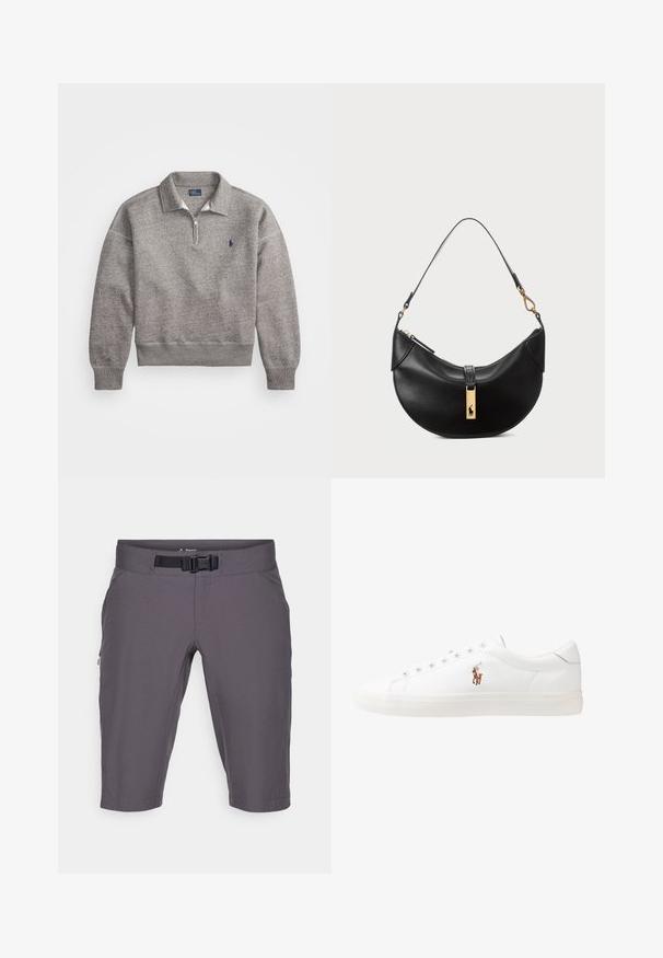 Sivi dukserica s polu-zip ovratom, rebrastim manžetama i malim izvezenim logotipom na grudima. Mekana tkanina od pamuka.; Sive kratke hlače napravljene od laganog materijala, s remenom, bočnim džepovima i glatkom teksturom. Jednostavan dizajn bez vidljivih uzoraka.; Bijele kožne tenisice, niskog kroja, s glatkom teksturom, okruglim vrhom, vezanjem sprijeda i malim izvezenim logom sa strane.; Crna kožna torba u obliku polumjeseca. Ima zlatne akcentne detalje i usku traku. Glatka tekstura, zatvaranje na rajsferšlus na vrhu.