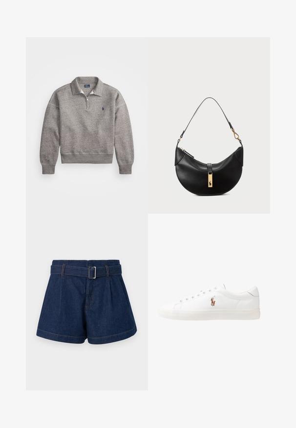 Gray sweatshirt with a half-zip collar, ribbed cuffs, and a small embroidered logo on the chest. Soft cotton-blend fabric.; Dark blue denim shorts with a wide pleated design, a belt with a metal buckle, and visible orange stitching details.; White leather sneakers, low-top design, featuring a smooth texture, round toe, laced front, and a small embroidered logo on the side.; Black leather handbag in a half-moon shape. Features a gold hardware accent and a narrow strap. Smooth texture, zipper closure at the top.