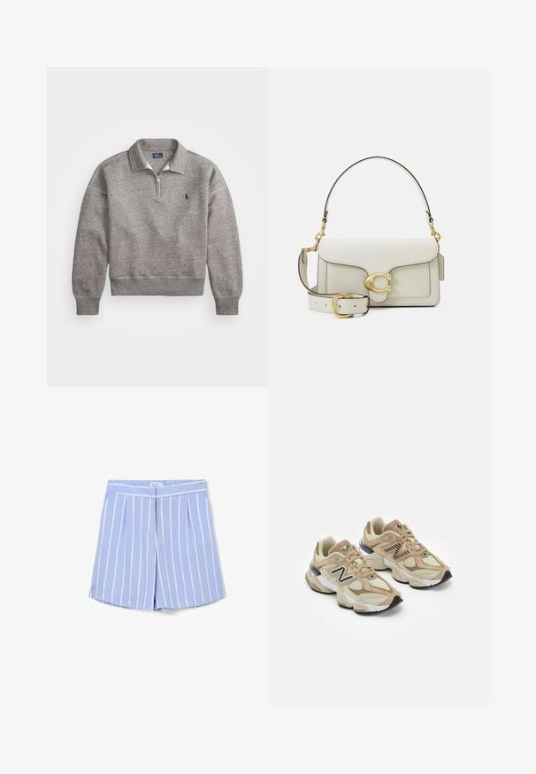 Sweat-shirt gris avec un col à demi-zip, des poignets côtelés et un petit logo brodé sur la poitrine. Tissu doux en mélange de coton.; Shorts bleu clair avec des rayures blanches verticales, design ajusté, devant plissé et texture de tissu lisse. Ajustement incluant une taille élastique.; Baskets beiges en maille et daim. Présentent un logo noir et des accents texturés. Semelle intermédiaire blanche épaisse et semelle extérieure en caoutchouc noir.; Sac à main en cuir blanc avec un fermoir doré, des accents noirs, une bandoulière amovible, et un design structuré avec un rabat.