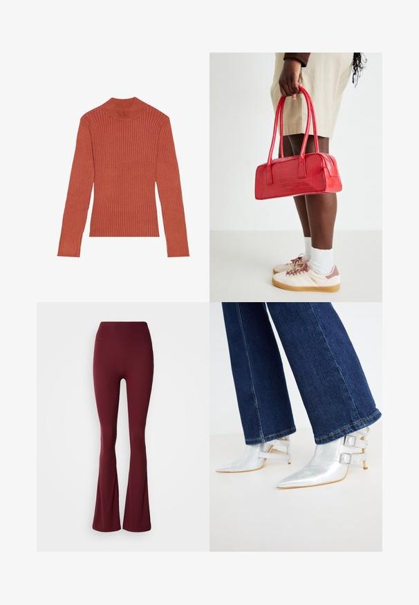 Ribota turtlenecka blūze rūsā krāsā ar garām piedurknēm un pieguļošu dizainu, izgatavota no mīksta elastīga materiāla.; Augsts jostas vietas dziļi sarkanas legiņas ar pieguļošu augšstilbu un platu apakšējo daļu uz neitrāla fona.; Sudraba, metāla potīšu zābaki ar smailu purngalu un divām sprādžu siksnām. Valkāti ar tumši ziliem, nedaudz platākiem džinsiem.; Sarkans krokodila raksts somiņa ar divām rokturām un rāvējslēdzēja aizdari. Taisnstūra forma, gluda virsma un spīdīga apdare.