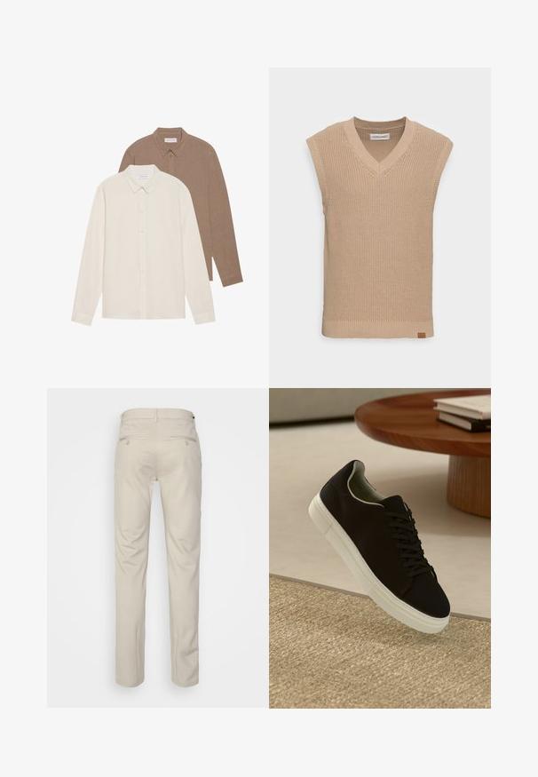 Beige gestrickte ärmellose Sweater-Weste mit V-Ausschnitt, gerippter Textur und einem kleinen Lederlogo-Tag an der unteren linken Seite.; Zwei Langarmhemden: eines in Creme und eines in Braun, beide mit Button-Down-Kragen, sichtbarer Stoffstruktur, schlichtes Design und sichtbare Etiketten.; Beige Hosen mit glatter Textur, geradem Schnitt, zwei Gesäßtaschen mit Knöpfen und einem normalen Bund.; Schwarze Sneakers mit weißer Sohle, die über einem beige strukturierten Teppich schweben, in der Nähe eines runden Holztisches mit gestapelten Büchern.