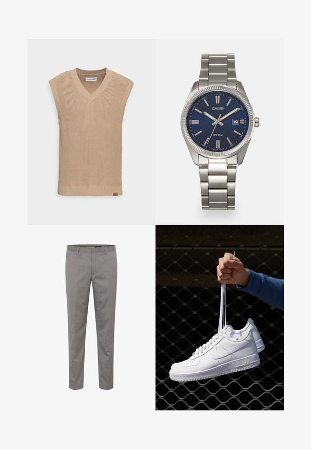 Beži kudumata ilma varrukateta sviiter, millel on V-kaelus, soonikuline tekstuur ja väike nahast logo silt vasakul alal.; Heledad hallhalli värvitud püksid, millel on peen pinstripe muster, sirge jalg ja kinnitatud vöökohaga. Valmistatud kootud materjalist.; Valged nahast tennisetossud, millel on perforatsioonid, ümar nina, lame tallus ja paksud nöörid, nähtava swooshi logoga ja "AIR" kontsadel.; Hõbedane roostevabast terasest käekell, tumesinise lõpliku, metallsete tuntud numbrite ja kuupäevanäidikuga kell 3 juures. Veekindel kuni 50 meetrit.