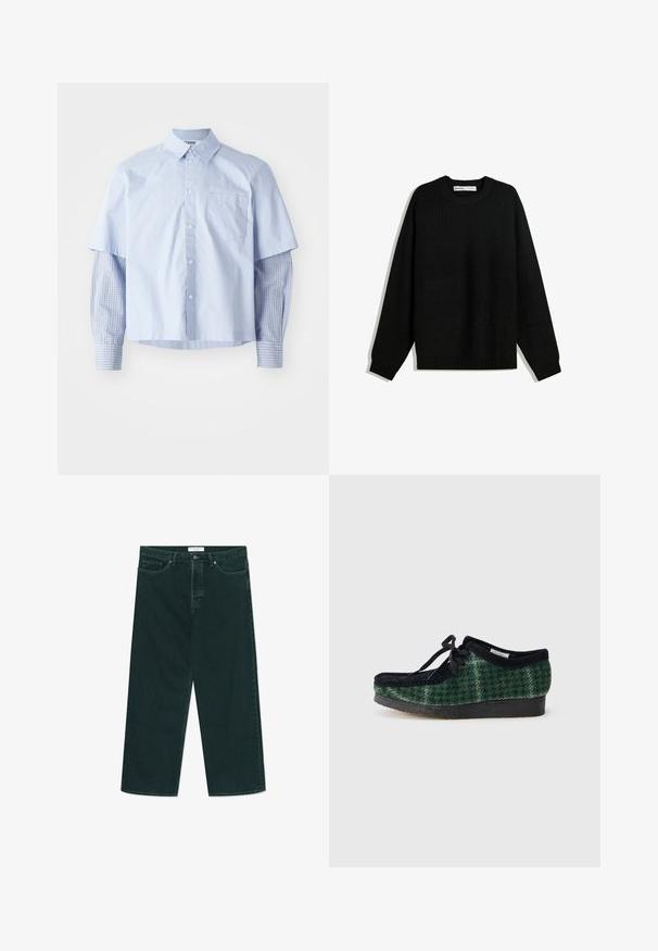 Černý pletený svetr s kulatým výstřihem, spadlými rameny a žebrovanými manžetami a lemem. Disponuje texturovanou látkou pro teplo.; Světle modrá košile s krátkým rukávem a límečkem, s přední kapsou a dlouhými modrými pruhovanými rukávy, které poskytují vrstvený vizuální kontrast.; Tmavě zelené široké denimové džíny s knoflíkovým a zipovým zapínáním, předními kapsami a poutky na opasek, položené na bílé ploše.; Zelené a černé vzorované boty s nubukovým svrškem, kulatou špičkou, šňůrkami a texturovanou gumovou podrážkou.