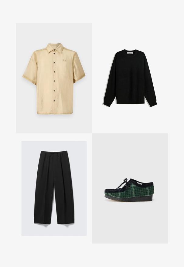 Black knitted sweater with a round neckline, dropped shoulders, and ribbed cuffs and hem. Features a textured fabric for warmth.; Short-sleeve shirt in light beige satin with a glossy finish, button-front closure, and a small logo on the left chest.; Black wide-leg trousers made of lightweight fabric, featuring an elastic waistband with a drawstring and no visible pockets.; Green and black patterned shoes with a suede upper, featuring a rounded toe, laces, and a textured, rubber sole.