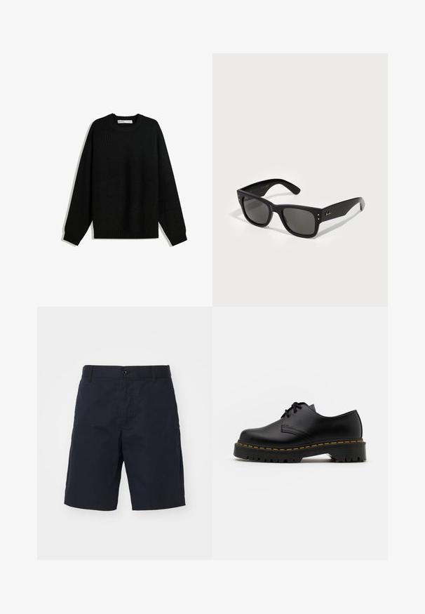 Maglione nero lavorato a maglia con scollatura rotonda, spalle scese e polsini e orlo a costine. Presenta un tessuto testurizzato per il calore.; T-shirt bianco a maniche corte in cotone, con scollatura rotonda e vestibilità rilassata con orlo dritto. Nessun motivo o decorazione.; Pantaloni corti neri in cotone con vita piatta, tasche laterali, chiusura con bottone e gamba dritta. Nessun motivo o accento visibile.; Scarpa nera in pelle con lacci, punta arrotondata, suola in gomma texturizzata e cuciture gialle attorno alla base. Design piatto e finitura liscia.; Occhiali da sole neri con montatura quadrata, dotati di lenti scure. Decorati con piccoli punti dorati e un logo dorato sulla stanghetta. Texture liscia.