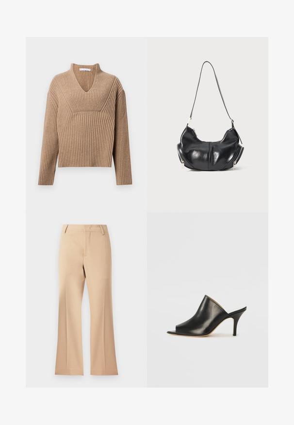 Bež pulover iz rebraste pletenine z globokim V-izrezom, dolgimi rokavi in teksturiranim panelom na prsih. Skrajšana dolžina z sproščenim krojem.; Bež hlače širokega kroja z gladko teksturo, ki imajo srednje visok pas in čiste sprednje gube. Enostaven dizajn, brez vidnih okraskov.; Črne usnjene mule z odprtim prstom, z elegantno, ukrivljeno zasnovo, visokim stiletto peto in gladko teksturo. Notranjost je v kontrastni svetli barvi.; Črn usnjen torbica v obliki polmeseca z zlatimi zadrgami na obeh straneh in eno naramnico.