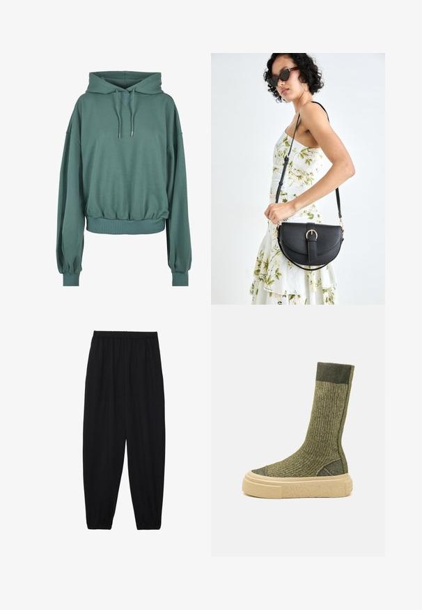 Sudadera verde de tela suave, con capucha ajustable, dobladillo acanalado y mangas abullonadas con puños elásticos.; Pantalones negros, ligeros, con cintura elástica y tobillos fruncidos. La tela es suave y presenta un diseño relajado y ajustado.; MM6 Maison Margiela Botas con plataforma - olivine; Bolso de piel negra con forma curva, correa desmontable y herrajes dorados. El bolso cuenta con una solapa con un detalle de hebilla.