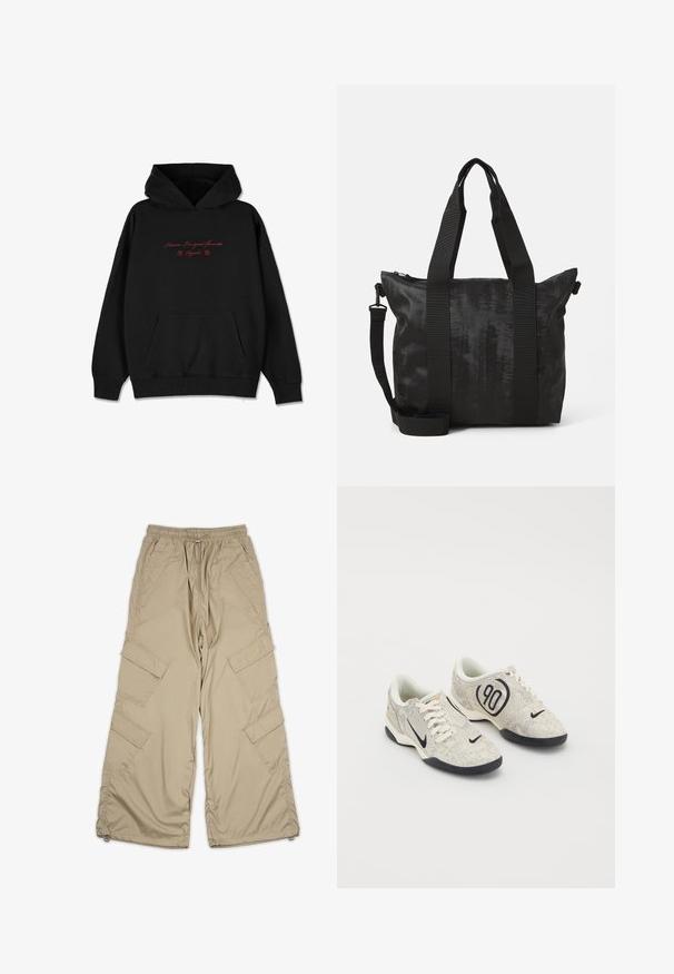 Musta huppari, joka on valmistettu pehmeästä kankaasta, sisältää etutaskun, resorikujat ja punaisella brodeeratun tekstin kukkakoristeluilla rinnassa.; Beige cargo-housut jossa on vetoketjullinen vyötärö, useita sivutaskuja ja rento istuvuus. Valmistettu kevyestä, sileästä kankaasta, jossa on ompelut yksityiskohtia.; Nike lenkkarit, joissa on beigen ja harmaan sävyinen teksturoitu päällinen, mustia yksityiskohtia, suuri "90" logo ja valkoinen nauhakiinnitys. Musta pohja.; Mustat olkalaukku, jossa on teksturoitu kangas, kaksinkertaiset yläkahvat ja irrotettava olkahihna. Varustettu vetoketjulla turvalliseen säilytykseen.