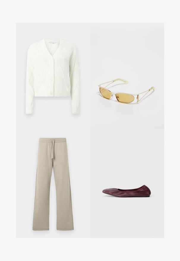 Biała dzianinowa kardigan z dekoltem w kształcie V, zapięciem na guziki i teksturowanym wzorem w romby. Krótsza długość z ribbowymi mankietami i dołem.; Beżowe spodnie o szerokich nogawkach, wykonane z miękkiego materiału, z elastyczną talią z troczkiem i szwami bocznymi dla luźnego fasonu.; Baletki w głębokim burgundowym skórze, z okrągłym noskiem, elastycznym brzegiem oraz gładką fakturą z delikatnym marszczeniem.; Okulary przeciwsłoneczne w żółtym odcieniu z przezroczystą złotą oprawą, smukłym prostokątnym kształtem i kanciastymi ramionami z jasnoskalnymi akcentami.