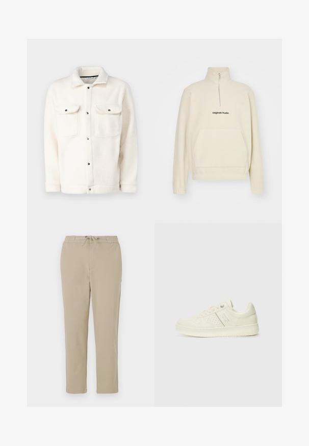 Cream-colored fleece pullover with a high collar, zipper, and front pocket. Features "Originals Studio" logo in black. Soft texture.; Fleece jacket in off-white with button closure, two chest pockets, and a shirt collar. Features a textured surface and rounded cuffs.; Beige lounge pants with an elastic waistband and drawstring, featuring a straight leg design and soft, smooth texture.; Cream-colored sneaker with perforated detailing, laces, and logo on the side, displayed against a plain white background.