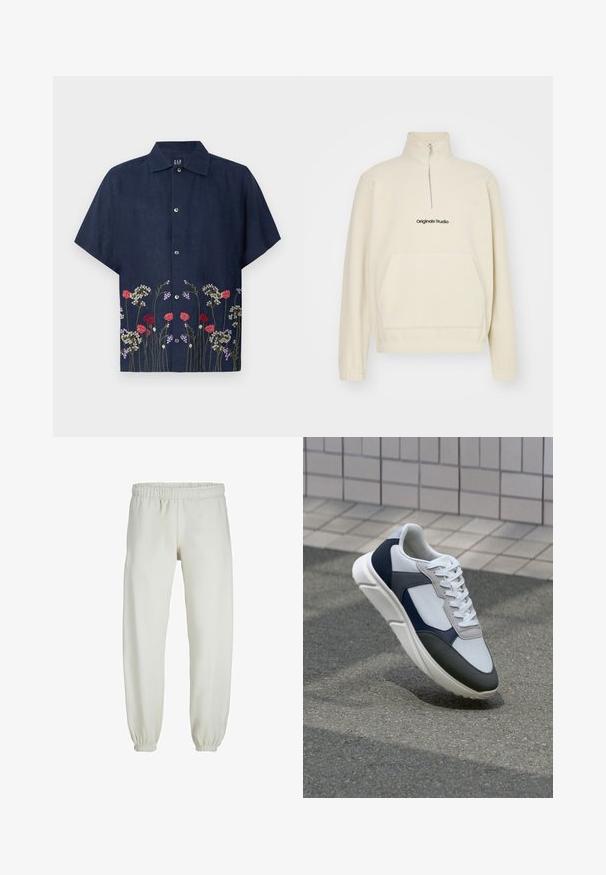 Pulover iz kremaste flise z visokim ovratnikom, zadrgo in sprednjim žepom. Na voljo je z logotipom "Originals Studio" v črni barvi. Mehka tekstura.; GAP Srajca - blue; Bele trenerke narejene iz mehkega blaga, z elastičnim pasom in manšetami, gladke teksture in ohlapnega kroja.; Bela, mornarsko modra in siva športna obutev z mešano materialno zasnovo, ki vključuje teksturirano zgornji del, ravne vezalke in oblazinjen podplat.