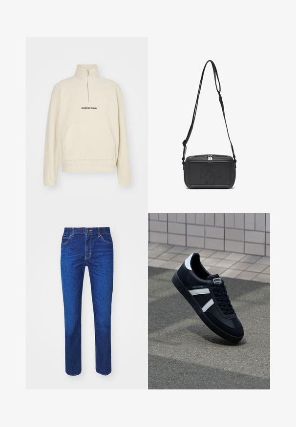 Kreemivärvi fliisperioodiga särk kõrge kaeluse, tõmbluku ja esikoti ning musta "Originals Studio" logo. Pehme tekstuur.; Tumedat sinised teksad sirge lõikega, viie tasku disainiga ja kuldsete õmblustega. Eelmisel küljel on nupuga sulgemine ja vööpaelad.; Must have musta sneaker musta valgete triipudega, tekstuurne kummitald ja nööridega esiosa. Omab bränditud märki keele peal.; Musternast mustriga nahast ristiõlgadega kott, millel on tõmbluku sulgemine, esiküljel on sissepressitud logo ja reguleeritav rihm. Sile tekstuur ja ristkülikukujuline kuju.
