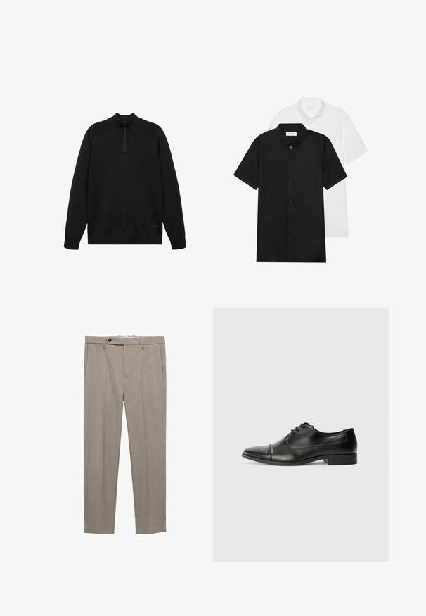 Schwarzer gestrickter Pullover mit hohem Kragen, Halbzippverschluss und strukturierten Details an den Schultern. Mit kleinem Logo am Saum.; Zwei kurzärmelige Hemden mit Kragen, eines schwarz und eines weiß. Beide haben eine durchgehende Knopfleiste und bestehen aus glattem, leichtem Stoff.; Beige maßgeschneiderte Hose mit glatter Textur, geradem Schnitt und einem einzigen Knopfverschluss vorne. Verfügt über seitliche Taschen und einen sauberen Saum.; Schwarze Ledertrittschuhe mit spitzem Zehenbereich, Schnürsenkeln und dezenten Nähten. Verfügt über einen niedrigen Blockabsatz und eine glatte, glänzende Oberfläche.