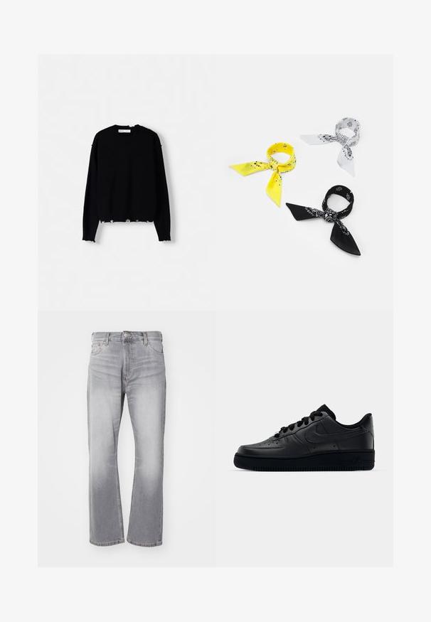 Pull en tricot noir avec un col ras du cou, des manches longues et un ourlet effiloché. Il présente des poignets côtelés et un style décontracté.; Jeans en denim gris avec une coupe droite, une légère décoloration et un style classique à cinq poches. Dotés d'une fermeture à bouton et à zip.; Baskets Nike Air Force 1 noires avec un dessus en cuir lisse, bout perforé pour la respirabilité, lacets noirs et semelle en caoutchouc texturé.; Trois bandanas : un jaune avec des motifs noirs, un blanc avec des motifs noirs, et un noir avec des graphiques blancs. Tous sont carrés et en tissu léger.