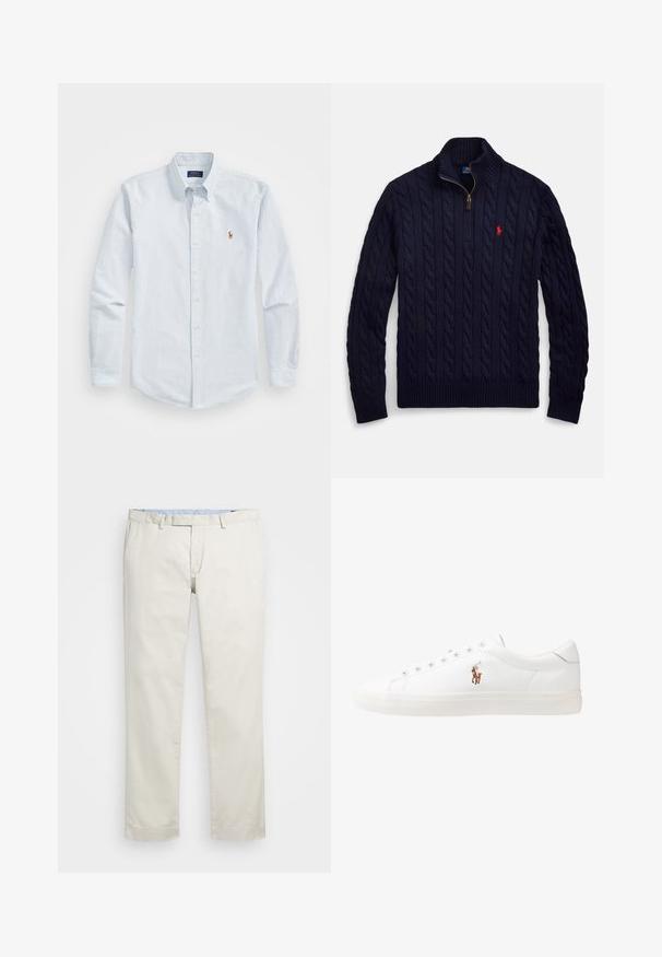 Navy kabelgebreide trui met een hoge kraag en een kwart-ritssluiting, voorzien van geribbelde boorden en zoom, met een klein rood logo op de borst.; Lichtblauw gestreept overhemdd met lange mouwen, een kraag en een klein rood geborduurd logo op de borst. Katoenen stof.; Beige katoenen chino's met een rechte pasvorm, riemlussen en zijzakken. Recht model met een gladde textuur en een lichte, ademende gevoel.; Witte leren sneakers, laag model, met een gladde textuur, ronde neus, vetersluiting aan de voorkant en een klein geborduurd logo aan de zijkant.