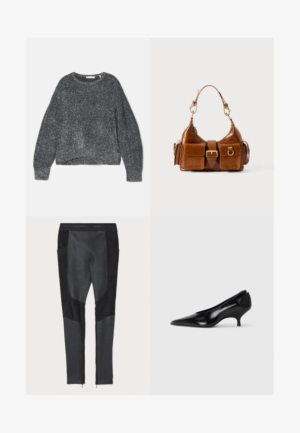 Sprankelende zwarte trui met een losse pasvorm, ronde halslijn en lange mouwen. Gemaakt van zacht garen met een geweven, glanzende afwerking.; Zwarte broek met een mix van suede en denimtexturen. Slim fit met zijzakken en ritsen bij de enkels. Glad oppervlak met duidelijke panelen.; Zwarte leren pump met een spitse neus, lage hak, slank ontwerp en een gladde textuur. Heeft een instapstijl zonder zichtbare hardware.; Bruine leren handtas met een gebogen vorm, dubbele gouden hardware, twee voorzakken en een brede schouderband. Soepele textuur met een elegante afwerking.
