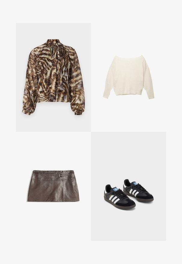 Pulover crem, cu umerii goi, cu tiv cu nervuri și mâneci lungi, largi. Textură moale, croială relaxată. Design simplu, minimalist.; Bluză subțire de culoare brună cu guler legat, având un model de imprimeu animalier abstract. Mâneci lungi cu manșete strânse, croială lejeră și textură moale.; Fustă mini din piele maro, cu un talie căptușită cu știfturi și bucle pentru curea, textură netedă și design elegant, drept.; Tenisi negri cu superior din suede și sintetic, având trei dungi albe, talpă din cauciuc texturat și etichetă albastră cu logo pe limbă.