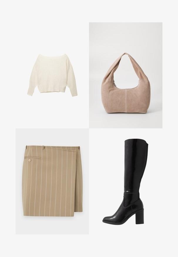 Pull crème au décolleté bardot avec ourlet côtelé et manches longues et larges. Texture douce, coupe décontractée. Design simple et minimal.; Jupe beige avec des rayures blanches verticales, en tissu texturé. Présente un rabat à l'avant et une poche arrière avec un détail de bouton.; Bottes noires à talons vernies hauteur genou, avec un bout arrondi, une texture lisse, un détail de découpe sur le côté et un talon empilé chunky.; Sac hobo en matériau suédé doux de couleur beige clair. Présente une forme arrondie avec une large sangle et une fermeture éclair.
