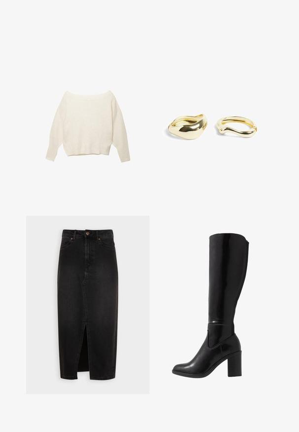 Maglione color crema con scollo off-the-shoulder, orlo a coste e maniche lunghe e ampie. Texture morbida, vestibilità rilassata. Design semplice e minimale.; Gonna in denim nera, lunghezza al ginocchio, con uno spacco frontale, vita standard e bottoni in tono rame. Tessuto liscio, design classico.; Stivali neri lucidi alti fino al ginocchio con punta arrotondata, texture liscia, dettaglio con taglio laterale e tacco spesso a blocco.; NA-KD 2-PACK - Bracciale - gold-coloured