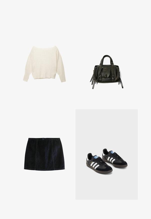 Kremne barve pulover z odprtimi rameni, z rebrastim robom in dolgimi, širokimi rokavi. Mehka tekstura, sproščen kroj. Preprost, minimalističen dizajn.; Temno modra mini krilo, ki ima kontrastno rumeno šivanje, prilegajočo silhueto in zadrgo. Klasična zasnova s petimi žepi.; Črne športne copate z zgornjim delom iz semiša in sintetičnih materialov, ki imajo tri bele črte, teksturiran gumijast podplat in modro označevalno oznako na jeziku.; Črna usnjena torba s pletenimi ročaji, žepom na zadrgo in visečimi resicami. Teksturična površina z kovinskimi okrasnimi studenčki in dodatki iz kovine.
