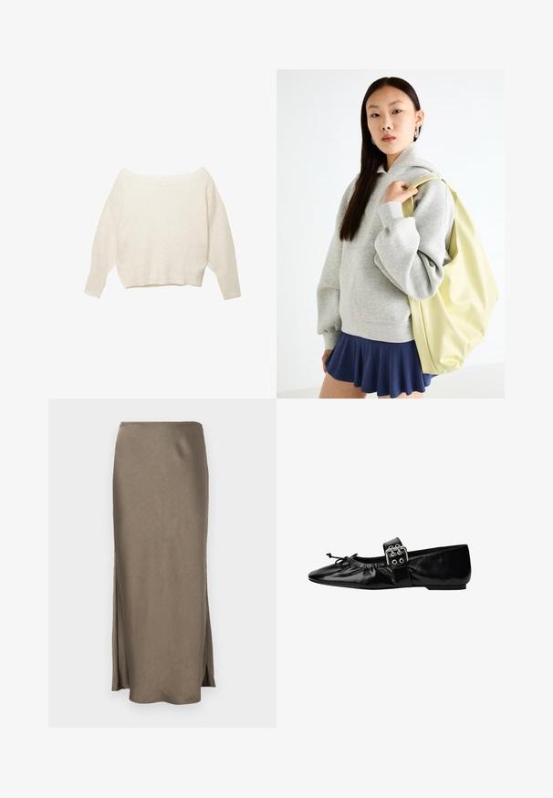 Cremefarbener, schulterfreier Pullover mit geripptem Saum und langen, weiten Ärmeln. Weicher Stoff, lässige Passform. Einfaches, minimalistisches Design.; Lange, figurbetonte Rock in einem sanften Taupe-Ton, aus glattem Stoff mit Seitenschlitzen für einen angenehmen Bewegungsspielraum. Sauberes, einfaches Design.; Schwarze Leder-Ballerinas mit spitzer Zehenform, ausgestattet mit einem Schnallenriemen und gerafftem Detail auf dem Blatt. Flaacher Absatz, glatte Textur.; Grauer, übergroßer Hoodie mit Kängurutasche, kombiniert mit einem marineblauen, ausgestellten Rock. Accessoire: großer, hellgelber Rucksack mit glatter Textur.