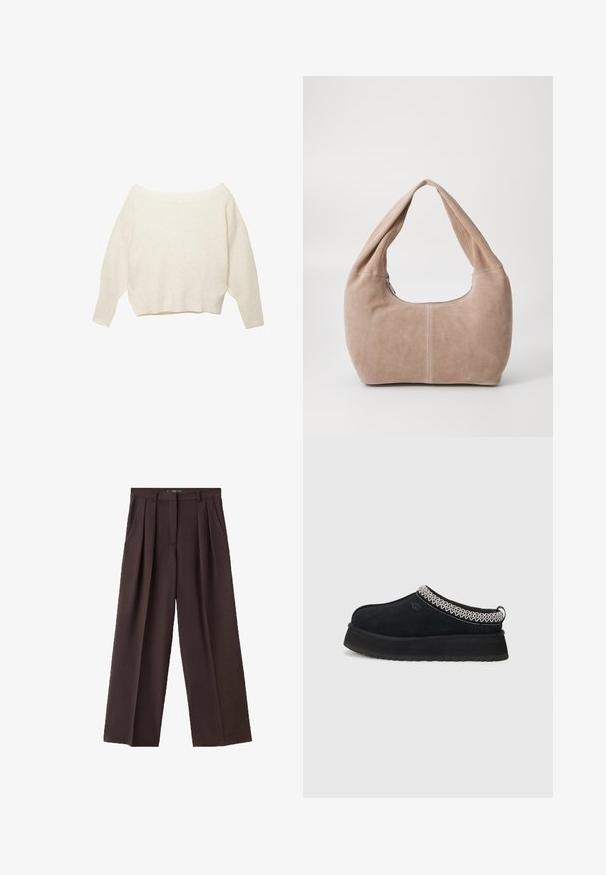 Cremefarvet off-the-shoulder sweater med ribbet kant og lange, brede ærmer. Blød tekstur, afslappet pasform. Simple, minimalistisk design.; Brune vide bukser lavet af tekstureret stof, med frontfolder, sidelommer og et klassisk taljebånddesign.; Sort ruskinds slip-on sko med en tykkere sål, der har et struktureret hvidt og sort vævet detaljer ved kraven.; Hobo taske lavet af blødt, suede materiale i en lys beige farve. Har en rund form med en bred rem og lynlås lukning.; Guldfarvet halskæde med en fin kæde, en stor mat hjertevedhæng og en mindre funklerende hjerte charm vedhæftet.