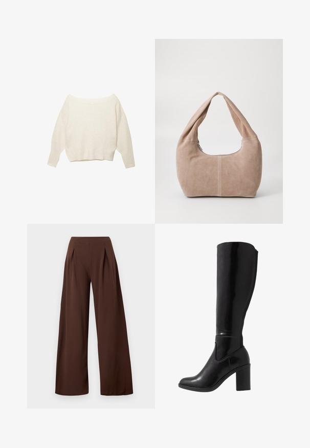 Krémový sveter bez ramienok s ribovaným spodným lemom a dlhými, širokými rukávmi. Mäkka textúra, voľný strih. Jednoduchý, minimalistický dizajn.; Široké nohavice z tmavohnedej tkaniny s vysokým pásom, prednými sklady a hladkým povrchom. Vhodné na rôzne príležitosti.; Čierne lesklé čižmy s vysokým podpätkom s okrúhlou špičkou, hladkou textúrou, bočným výrezom a robustným zloženým podpätkom.; Hobo taška z mäkkej semišovej látky v svetlej béžovej farbe. Má zaoblený tvar s širokým popruhom a zipsovým uzáverom.