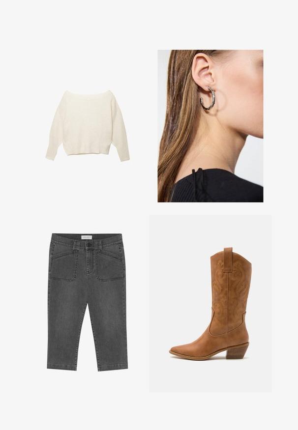 Krém színű, vállringató pulóver bordázott szegéllyel és hosszú, széles ujjakkal. Puha tapintás, laza fazon. Egyszerű, minimalista dizájn.; Szürke farmer capri nadrág, testhez álló szabással, elülső zsebekkel, gombos záródással és enyhén megkopott textúrával.; Barna bőr cowboy csizma hegyes orral, hímzett örvény mintákkal a szárán, és stílusos, réteges blokk sarokkal. Kihúzó füle segíti a könnyű felhúzást.; Ez egy ezüst fülbevaló, sima felülettel, amelyen apró arany díszítőelemek találhatók. Kerek formájú és a fülcimpán viselik.