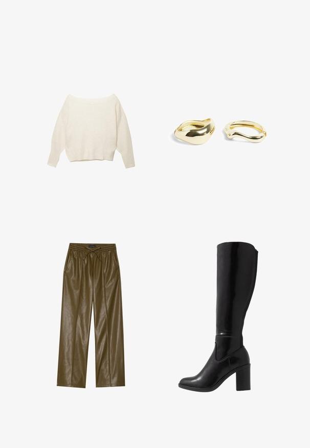 Pull crème au décolleté bardot avec ourlet côtelé et manches longues et larges. Texture douce, coupe décontractée. Design simple et minimal.; Pantalons large en simili cuir vert olive avec une taille élastique et un cordon de serrage réglable. Comprend deux poches latérales et une texture lisse.; Bottes noires à talons vernies hauteur genou, avec un bout arrondi, une texture lisse, un détail de découpe sur le côté et un talon empilé chunky.; NA-KD 2-PACK - Bracelet - gold-coloured