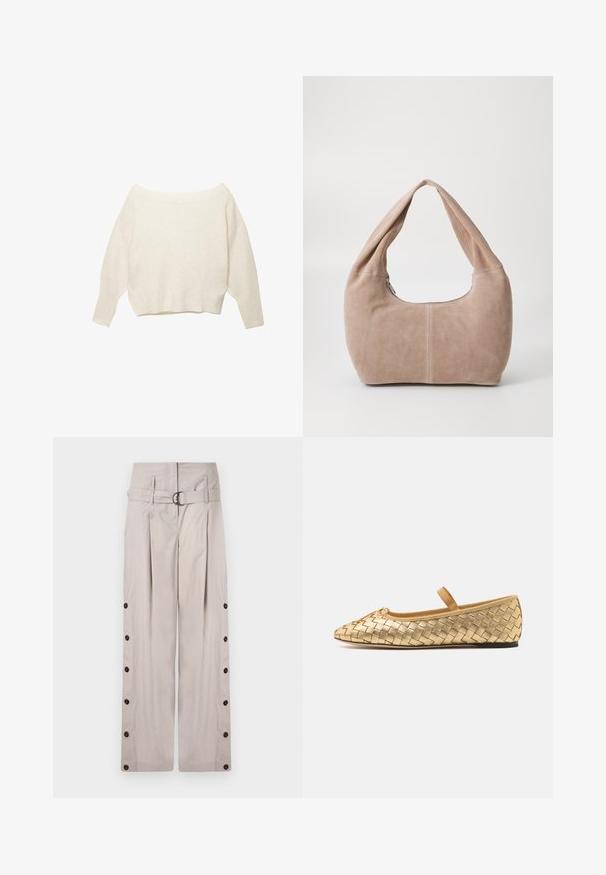 Kremasti pulover s otkrivenim ramenima, s rebrastim rubom i dugim, širokim rukavima. Mekana tekstura, ležeran kroj. Jednostavan, minimalistički dizajn.; Bež hlapljive hlače od mekog materijala, s pojasom na visokom struku, bočnim gumbima i čistim, pristojnim izgledom.; Loeffler Randall LEONIE SOFT BALLET FLAT - Balerinke s trakom oko gležnja - gold; Torba tipa hobo napravljena od mekog, zamjenskog materijala u svijetloj bež boji. Ima zaobljen oblik, široku naramenicu i zatvaranje na zip.