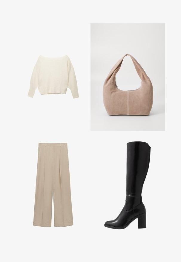 Krämfärgad off-shoulder tröja med ribbad nederkant och långa, vida ärmar. Mjuk textur, avslappnad passform. Enkel, minimalistisk design.; Beige vida byxor i ett lätt tyg med en mjuk textur, framfåll, och hög midja med bältesöglor.; Knähöga svarta blanka stövlar med klack, rund tå, slät yta, sidoutskärning och en kraftig klack.; Hobo-väska i mjukt mockamaterial i en ljusbeige färg. Har en rundad form med ett brett axelband och dragkedjestängning.; Guldtonad halsband med en fin kedja, en stor matt hjärtberlock och en mindre glittrig hjärtcharms som är fäst.