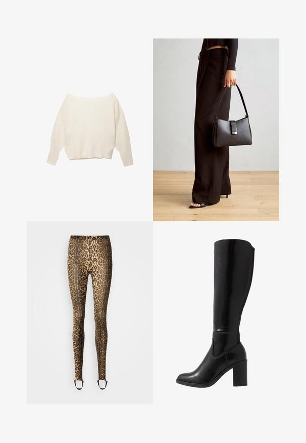 Krém színű, vállringató pulóver bordázott szegéllyel és hosszú, széles ujjakkal. Puha tapintás, laza fazon. Egyszerű, minimalista dizájn.; Leopárdmintás leggings bézs és barna színben, testhezálló kialakítással, rugalmas derékkal és bokapántokkal a biztos illeszkedésért. Simogató, sima textúra.; Térd fölé érő, fekete, fényes, sarkú csizmák, lekerekített orral, sima textúrával, oldalsó kivágással és vastag, rétegelt sarokkal.; Fekete kézi táska strukturált formával, sima textúrával és fémből készült záródással. Széles fekete nadrággal és nyitott orrú szandállal párosítva, fából készült padlón.; Ez egy ezüst fülbevaló, sima felülettel, amelyen apró arany díszítőelemek találhatók. Kerek formájú és a fülcimpán viselik.