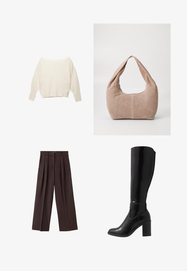 Crème-kleurige off-shoulder trui met geribde zoom en lange, brede mouwen. Zachte textuur, relaxte pasvorm. Eenvoudig, minimalistisch design.; Bruine wijde broek gemaakt van textured stof, met voorplooien, zijzakken en een klassiek taillebandontwerp.; Knee-high zwarte glanzende haklaarzen met een ronde neus, een gladde textuur, zijuitsnijding en een chunky gestapelde hak.; Hobo-tas gemaakt van zacht, suède materiaal in een lichtbeige kleur. Heeft een ronde vorm met een brede schouderband en een ritssluiting.; Gouden halsketting met een fijne ketting, een grote matte harthanger en een kleinere sprankelende hartbedel eraan bevestigd.