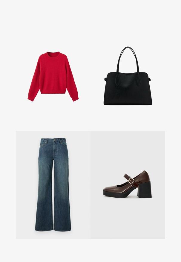 Pulover roșu tricotat cu mânecă lungă și guler rotund, cu mansete și tiv ribate, prezentat pe un fundal alb.; Jeans cu picioare largi din denim bleu închis cu un aspect decolorat. Au cinci buzunare, bucle pentru curea și un fermoar cu închidere prin buton.; Pantofii Mary Jane din piele patentă maro, cu toc pătrat, având o curea cu cataramă și vârf rotund, așezați pe o talpă texturată de culoare neagră.; Geantă din piele neagră cu două mânere pentru umăr, formă rectangulară și design minimalistic pe un fundal alb.
