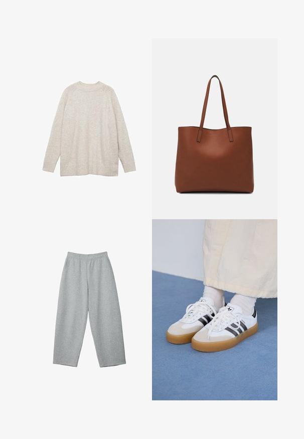 Svijetlosmeđi pulover od mekog materijala, s okruglim izrezom, dugim rukavima i rebrastim manžetama i donjim rubom za dodatnu teksturu.; Svijetlo sivi dukserici s elastičnim pojasom, širokim nogavicama i mekanim materijalom, prikladni za svakodnevno nošenje ili opuštanje.; Bjele tenisice s crnim prugama i bež suknjom. Imaju teksturiranu gumu potplat i ravne bijele vezice, nošene uz svijetle čarape.; Smeđa kožna torba preko ramena s glatkom teksturom, otvorenim vrhom i dvjema naramenicama. Ima minimalne šavove i nema vidljivog hardvera.