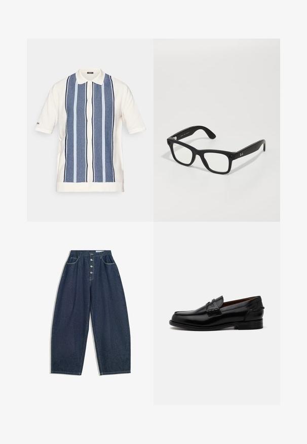 Gray zip-neck sweatshirt, soft fabric, long sleeves, ribbed cuffs and hem, featuring a small green logo on the chest.; Short-sleeve polo shirt in cream with blue striped design. Features a button-up front and a classic collar. Made from textured fabric.; Dark blue denim wide-leg trousers with a high waist, five-button closure, and five pockets. Features stitching accents on seams.; Black leather loafers with a slightly elongated shape, featuring stitched detailing and a small heel. Smooth, glossy finish.; Black rectangular eyeglasses with clear lenses. Acetate frame, silver accents on temples, and logo near the hinges.